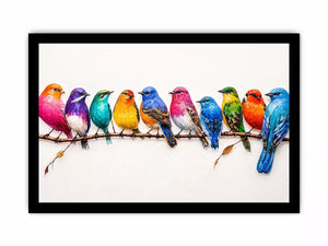 colorful birds on branch wall art, modern bird illustration canvas, vibrant bird lineup artwork, playful multicolor bird painting