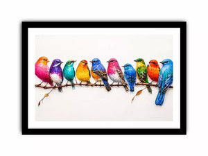 colorful birds on branch wall art, modern bird illustration canvas, vibrant bird lineup artwork, playful multicolor bird painting