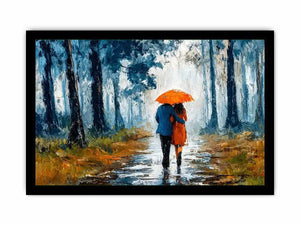 romantic rainy couple wall art, impressionist love painting canvas, rainy forest couple artwork, romantic umbrella painting