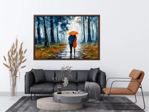 romantic rainy couple wall art, impressionist love painting canvas, rainy forest couple artwork, romantic umbrella painting