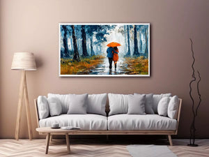 romantic rainy couple wall art, impressionist love painting canvas, rainy forest couple artwork, romantic umbrella painting