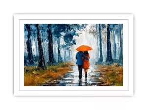romantic rainy couple wall art, impressionist love painting canvas, rainy forest couple artwork, romantic umbrella painting