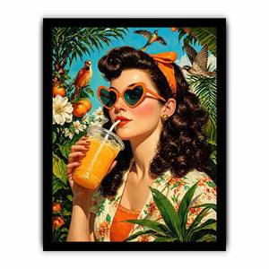 Retro tropical woman portrait with orange drink, heart sunglasses, citrus garden and birds vibrant vintage illustration