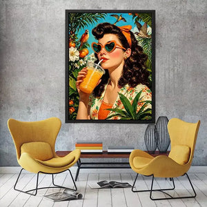 Retro tropical woman portrait with orange drink, heart sunglasses, citrus garden and birds vibrant vintage illustration