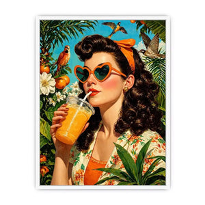 Retro tropical woman portrait with orange drink, heart sunglasses, citrus garden and birds vibrant vintage illustration