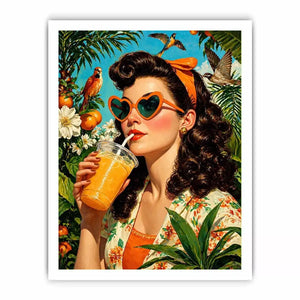 Retro tropical woman portrait with orange drink, heart sunglasses, citrus garden and birds vibrant vintage illustration