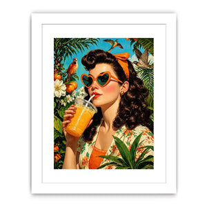 Retro tropical woman portrait with orange drink, heart sunglasses, citrus garden and birds vibrant vintage illustration