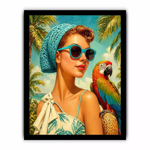 Retro tropical woman with blue sunglasses and parrot in beach setting vintage illustration