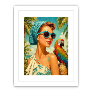 Retro tropical woman with blue sunglasses and parrot in beach setting vintage illustration