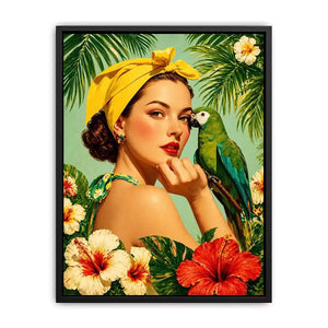 Retro tropical woman with yellow headscarf and green parrot surrounded by hibiscus flowers vintage illustration