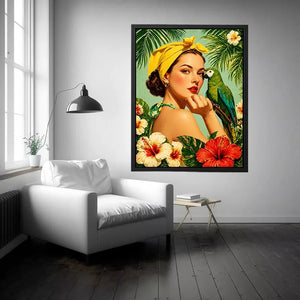 Retro tropical woman with yellow headscarf and green parrot surrounded by hibiscus flowers vintage illustration