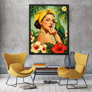 Retro tropical woman with yellow headscarf and green parrot surrounded by hibiscus flowers vintage illustration