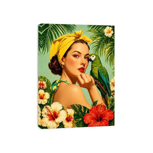 Retro tropical woman with yellow headscarf and green parrot surrounded by hibiscus flowers vintage illustration