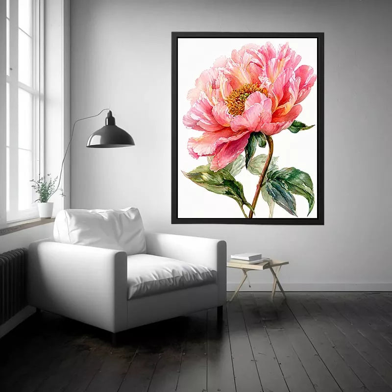 Soft pink peony watercolor botanical illustration with green leaves minimal floral wall art