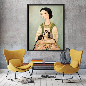 Whimsical portrait of woman holding two lemurs in soft pastel tones artistic illustration wall art