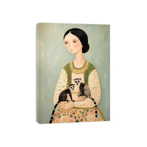 Whimsical portrait of woman holding two lemurs in soft pastel tones artistic illustration wall art