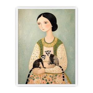 Whimsical portrait of woman holding two lemurs in soft pastel tones artistic illustration wall art