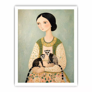 Whimsical portrait of woman holding two lemurs in soft pastel tones artistic illustration wall art