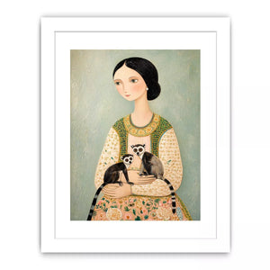 Whimsical portrait of woman holding two lemurs in soft pastel tones artistic illustration wall art