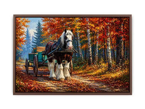 Impressionist autumn landscape with horse cart on forest path colorful fall trees painting