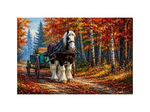 Impressionist autumn landscape with horse cart on forest path colorful fall trees painting