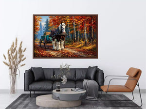Impressionist autumn landscape with horse cart on forest path colorful fall trees painting