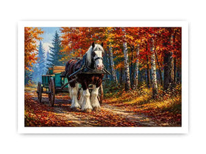 Impressionist autumn landscape with horse cart on forest path colorful fall trees painting