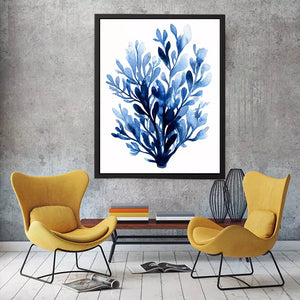 Blue watercolor botanical leaves abstract minimal wall art elegant indigo plant illustration