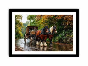Impressionist countryside horse carriage on autumn road rustic landscape wall art