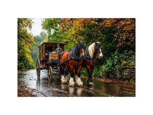 Impressionist countryside horse carriage on autumn road rustic landscape wall art
