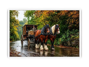 Impressionist countryside horse carriage on autumn road rustic landscape wall art