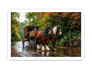 Impressionist countryside horse carriage on autumn road rustic landscape wall art