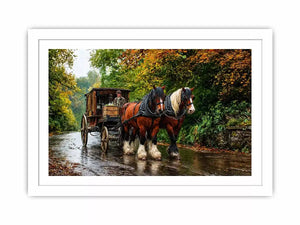Impressionist countryside horse carriage on autumn road rustic landscape wall art