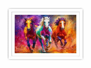 abstract colorful horses running painting, vibrant horse trio wall art, modern abstract horse canvas artwork, colorful animal painting for living room