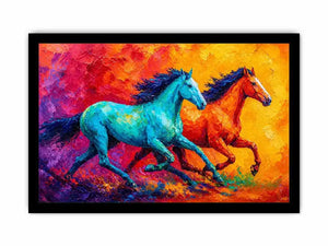 abstract running horses painting, colorful horse duo wall art, vibrant modern horse canvas art, bold animal artwork for living room