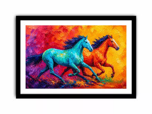 abstract running horses painting, colorful horse duo wall art, vibrant modern horse canvas art, bold animal artwork for living room