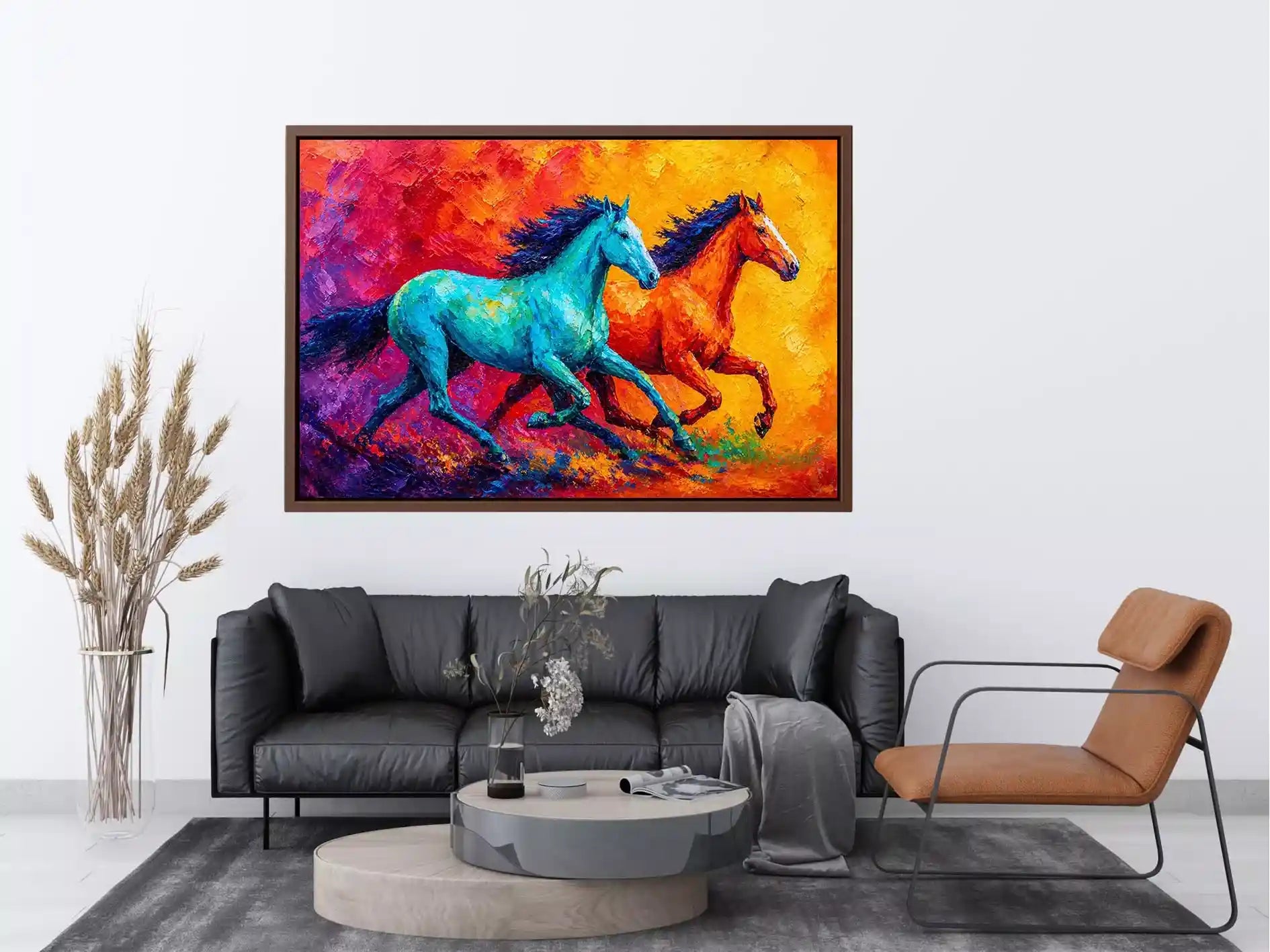 abstract running horses painting, colorful horse duo wall art, vibrant modern horse canvas art, bold animal artwork for living room
