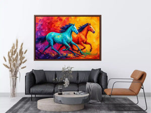abstract running horses painting, colorful horse duo wall art, vibrant modern horse canvas art, bold animal artwork for living room