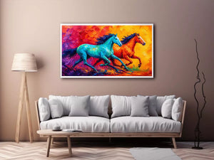 abstract running horses painting, colorful horse duo wall art, vibrant modern horse canvas art, bold animal artwork for living room