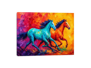abstract running horses painting, colorful horse duo wall art, vibrant modern horse canvas art, bold animal artwork for living room