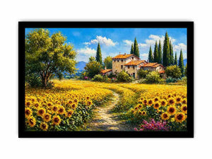 sunflower field villa painting, tuscan landscape wall art, mediterranean countryside canvas, yellow flower field artwork