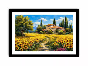 sunflower field villa painting, tuscan landscape wall art, mediterranean countryside canvas, yellow flower field artwork
