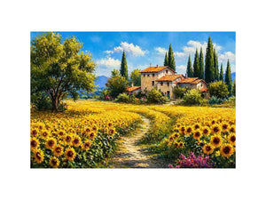 sunflower field villa painting, tuscan landscape wall art, mediterranean countryside canvas, yellow flower field artwork