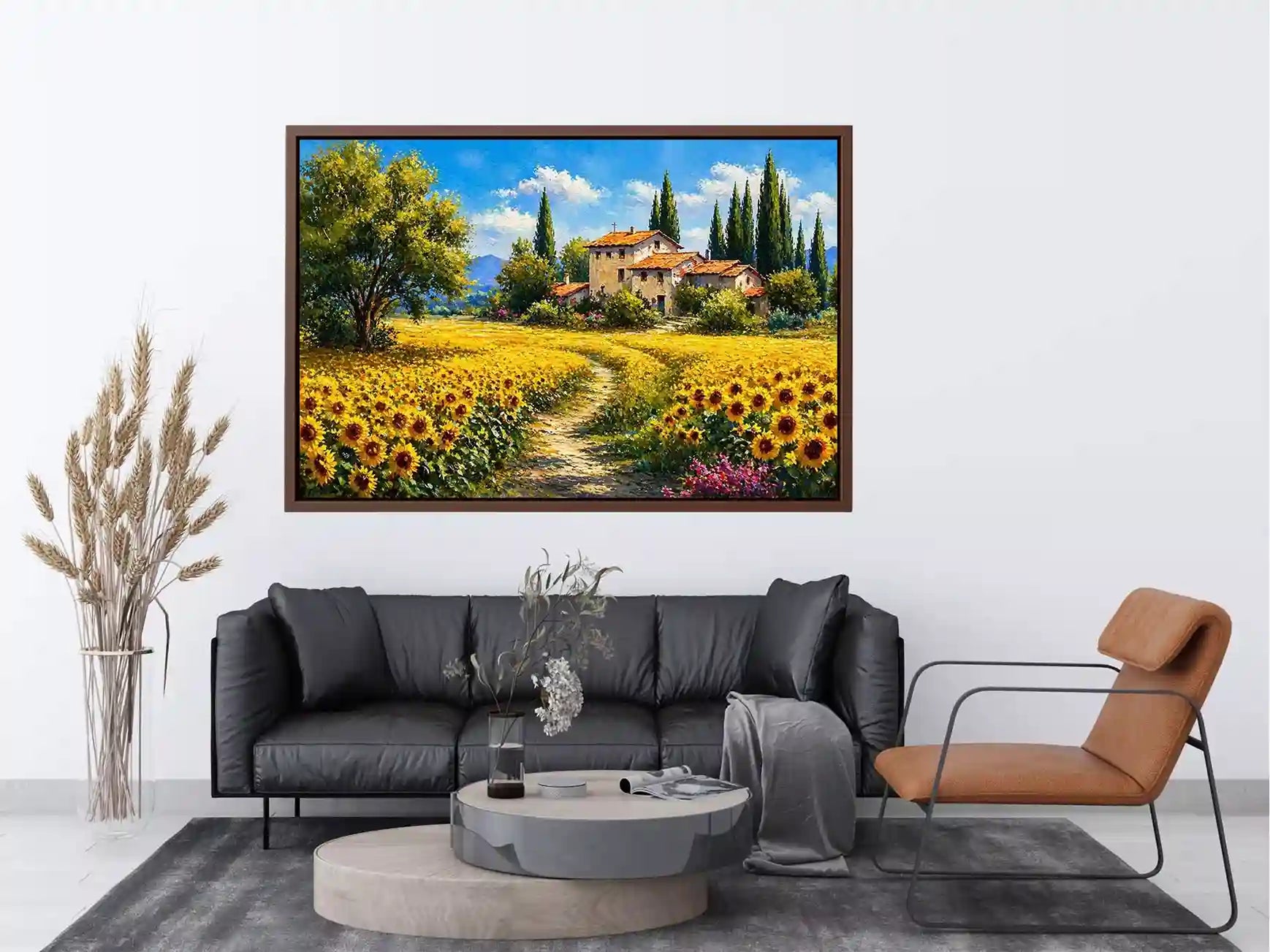 sunflower field villa painting, tuscan landscape wall art, mediterranean countryside canvas, yellow flower field artwork
