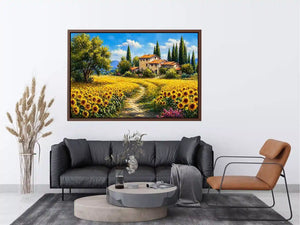 sunflower field villa painting, tuscan landscape wall art, mediterranean countryside canvas, yellow flower field artwork