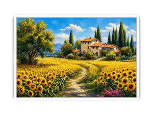 sunflower field villa painting, tuscan landscape wall art, mediterranean countryside canvas, yellow flower field artwork