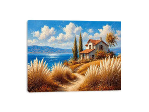 coastal cottage painting ocean view, mediterranean seaside wall art, neutral coastal landscape canvas, beach house aesthetic artwork