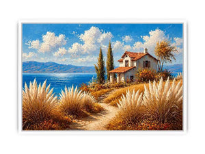 coastal cottage painting ocean view, mediterranean seaside wall art, neutral coastal landscape canvas, beach house aesthetic artwork