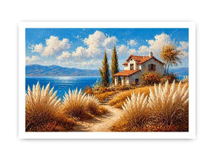 coastal cottage painting ocean view, mediterranean seaside wall art, neutral coastal landscape canvas, beach house aesthetic artwork