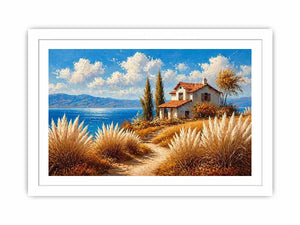 coastal cottage painting ocean view, mediterranean seaside wall art, neutral coastal landscape canvas, beach house aesthetic artwork